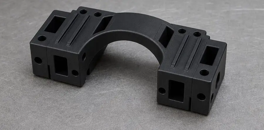 Neu gefertigtes schwarzes U-Halter Bauteil
