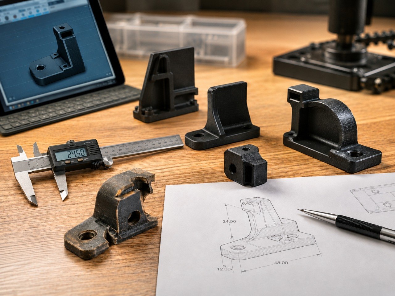 Reverse Engineering mit Musterteil, Messschieber, Zeichnung und CAD-Modell