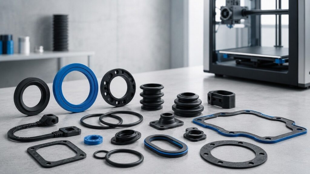 3D-gedruckte Sonderdichtungen und flexible technische Teile auf Werkbank